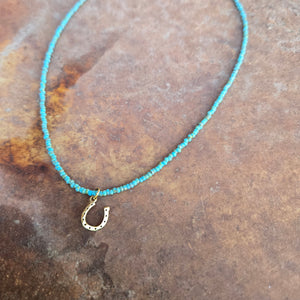 J. Forks Turquoise Seed Bead Necklace with Horseshoe Charm
