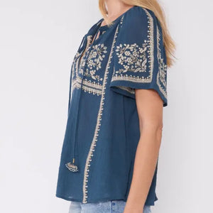 Lovestitch - Teal Embroidered Short Sleeve Blouse