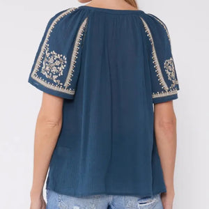 Lovestitch - Teal Embroidered Short Sleeve Blouse