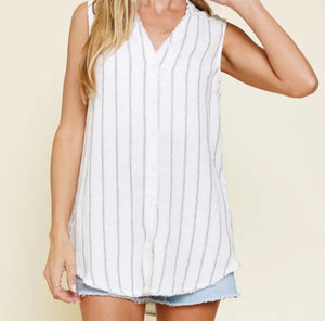 Mystree - Striped Sleeveless Button-up Tunic with Frayed Edges