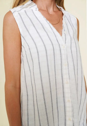 Mystree - Striped Sleeveless Button-up Tunic with Frayed Edges