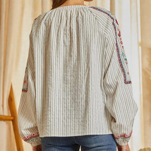 Savanna Jane - Striped and Floral Embroidered Long Sleeved Blouse