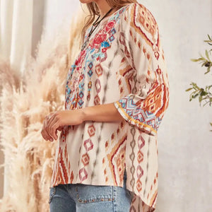 Savanna Jane - Mocha Southwestern Bell Sleeve Blouse with Embroidery