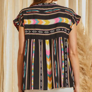 Savanna Jane - Black Southwestern Striped Cap Sleeved Top with Embroidery