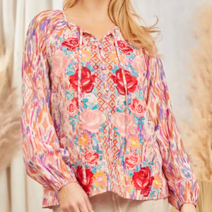 Savanna Jane - Pink Long Sleeved Floral Embroidered Blouse
