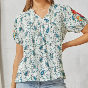 Savanna Jane - Blue and White Short Sleeve Blouse with Embroidery