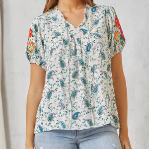 Savanna Jane - Blue and White Short Sleeve Blouse with Embroidery