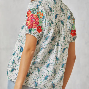 Savanna Jane - Blue and White Short Sleeve Blouse with Embroidery