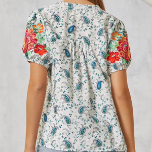 Savanna Jane - Blue and White Short Sleeve Blouse with Embroidery