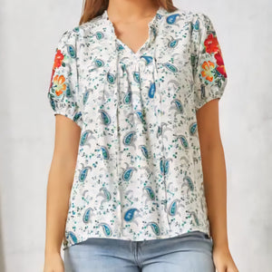 Savanna Jane - Blue and White Short Sleeve Blouse with Embroidery
