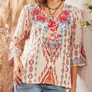 Savanna Jane - Mocha Southwestern Bell Sleeve Blouse with Embroidery