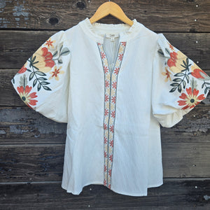 Oddi - Embroidered Puff Sleeve Blouse - White