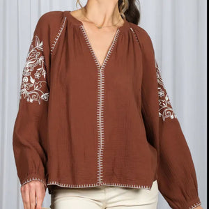 Vine & Love - Brown Embroidered Blouse