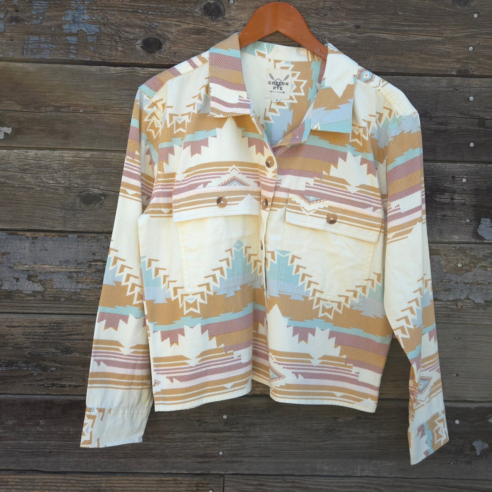 Cotton and Rye - Southwestern Print Trucker Style Jacket - Tan and Aqua
