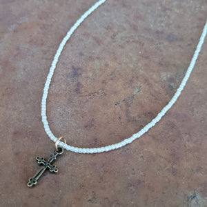 J. Forks - Pearl Seed Bead Necklace with Bronze Cross