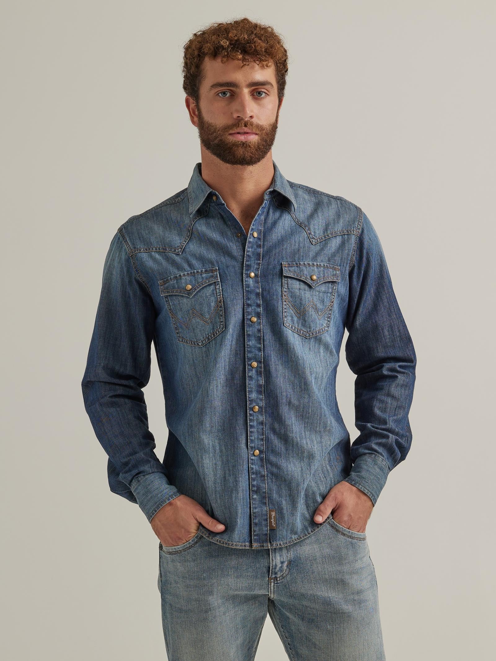 Wrangler Men's Retro Premium Long Sleeve Shirt - Blue Denim