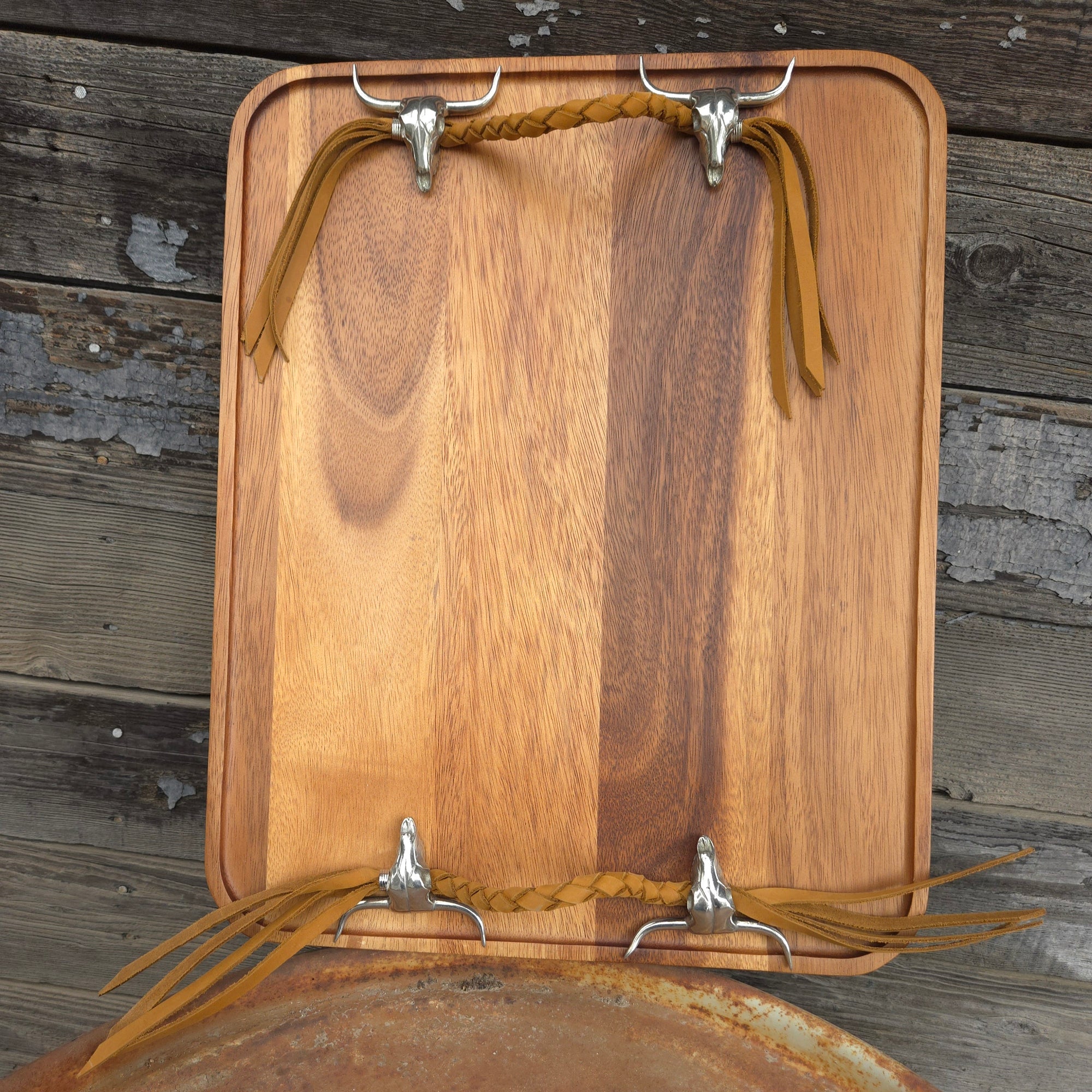 Longhorn and Leather Wooden Tray