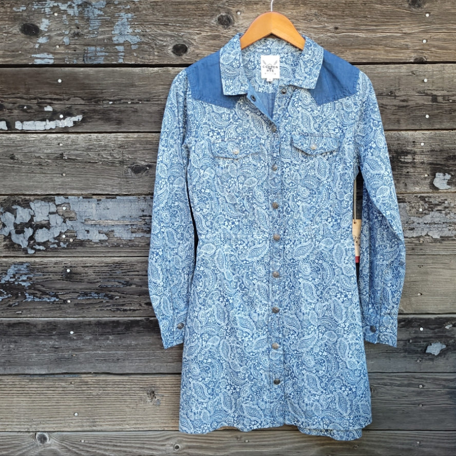 Cotton and Rye - Blue Floral Paisley Western Shirt Dress