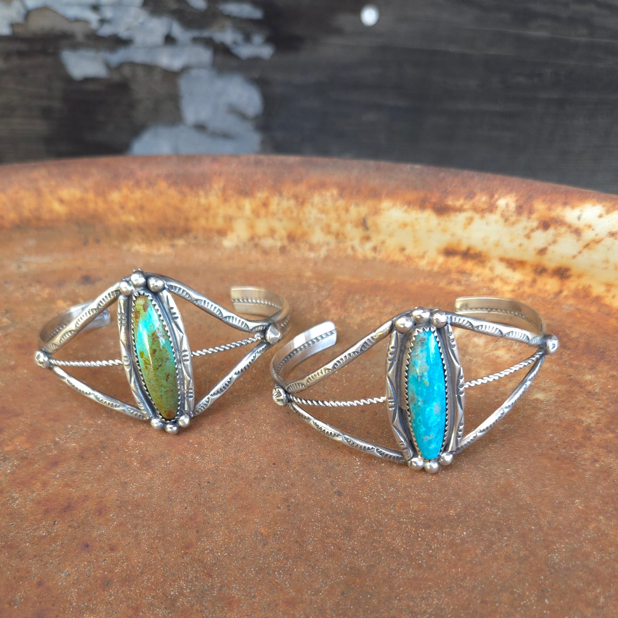 Stamped Sterling Silver Cuff Bracelet with Narrow Oval Turquoise Stone