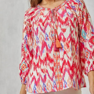 Savanna Jane - Pink Southwestern Print 3/4 Sleeve Blouse with Embroidery