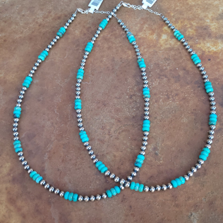 Sterling Silver and Turquoise Rondelle 18" Navajo Style Necklace