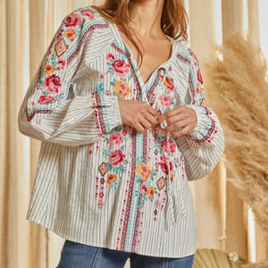 Savanna Jane - Striped and Floral Embroidered Long Sleeved Blouse