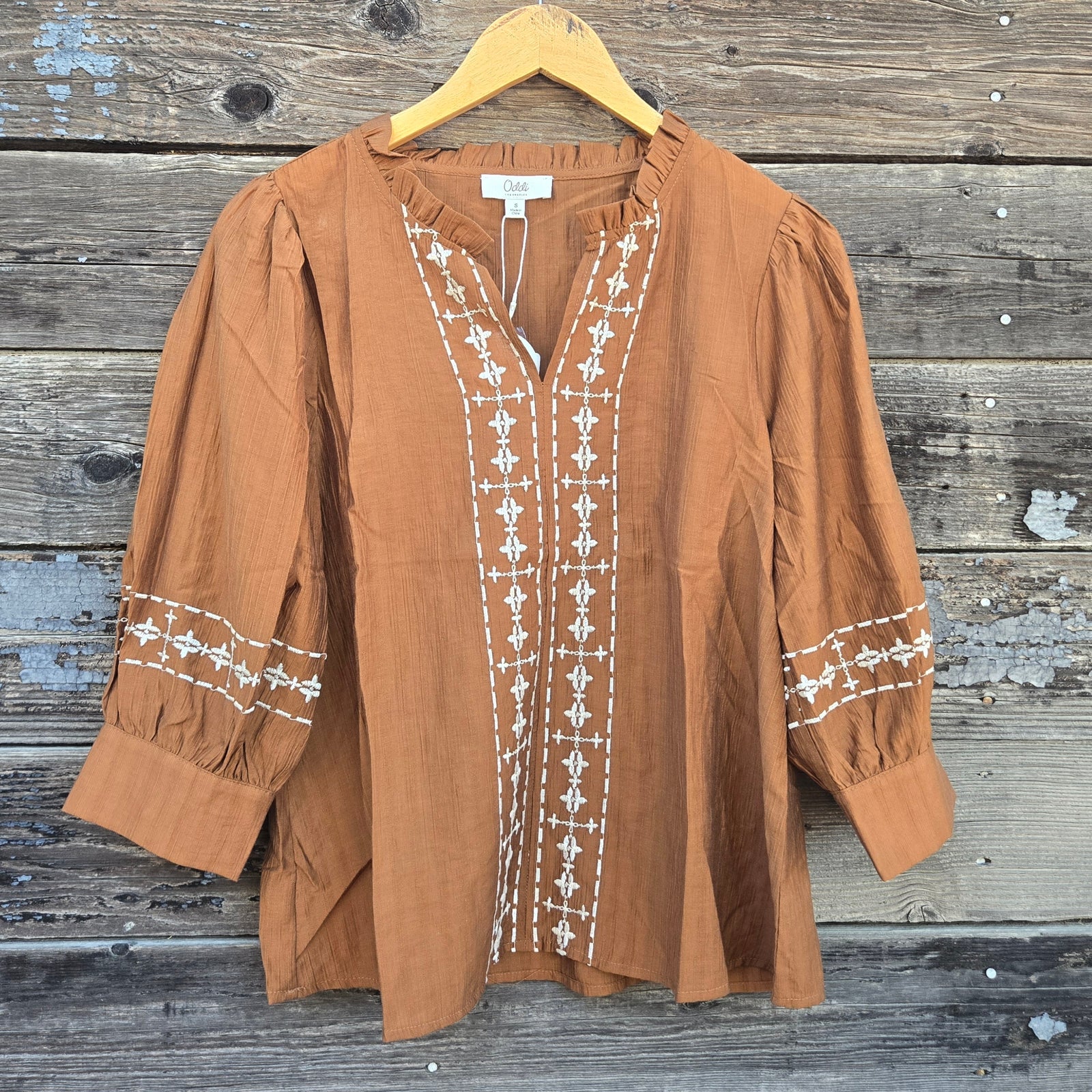 Oddi - Crinkle Gauze and Embroidered Blouse - Brown