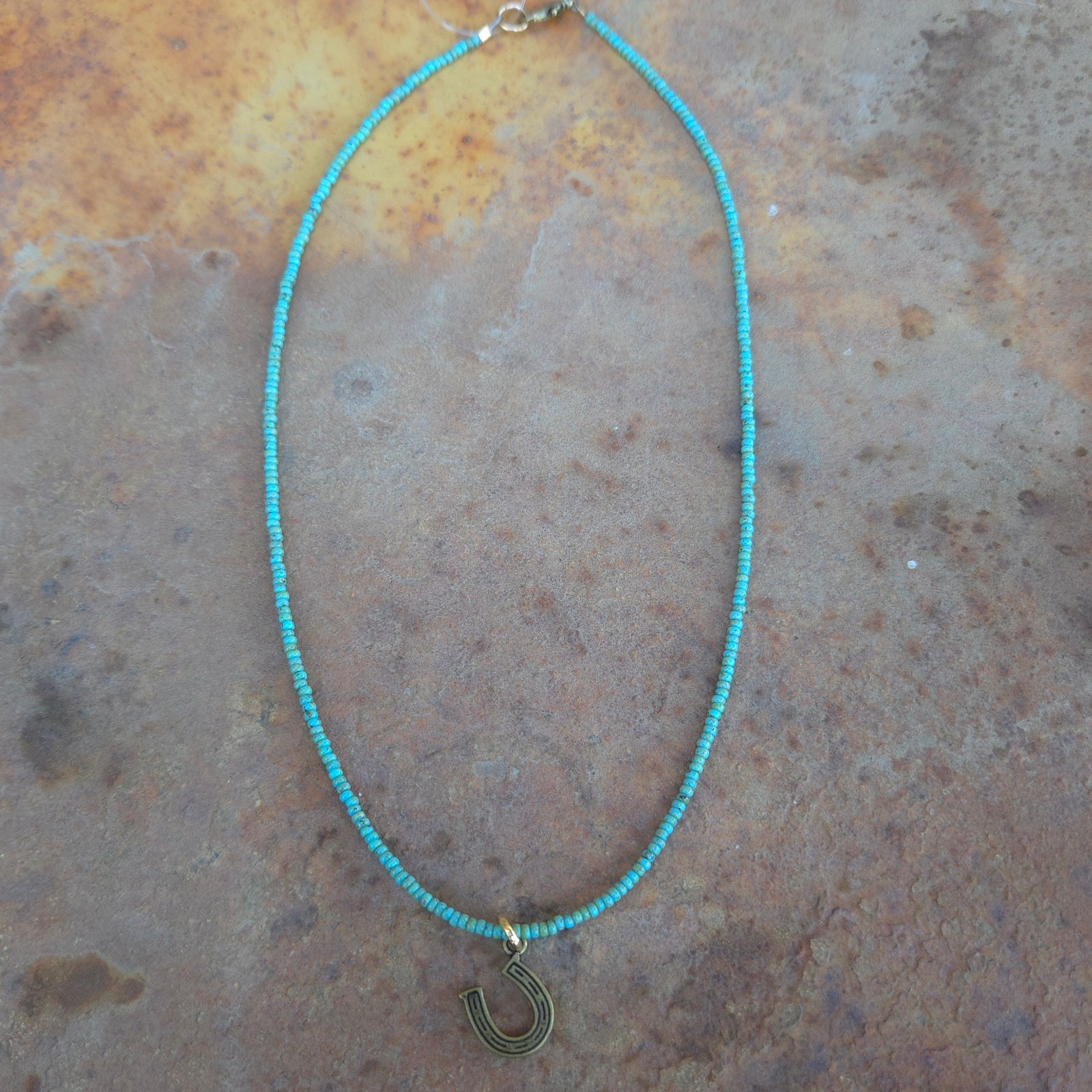 J. Forks Turquoise Seed Bead Necklace with Horseshoe Charm