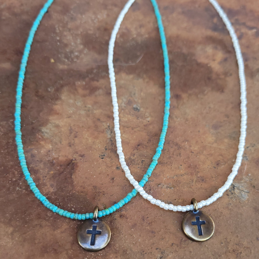 J. Forks - Seed Bead and Bronze Cross Necklace