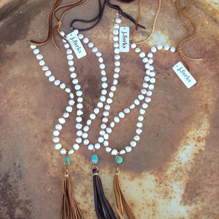 J. Forks - Freshwater Pearl, Turquoise, & Leather Tassel Necklace