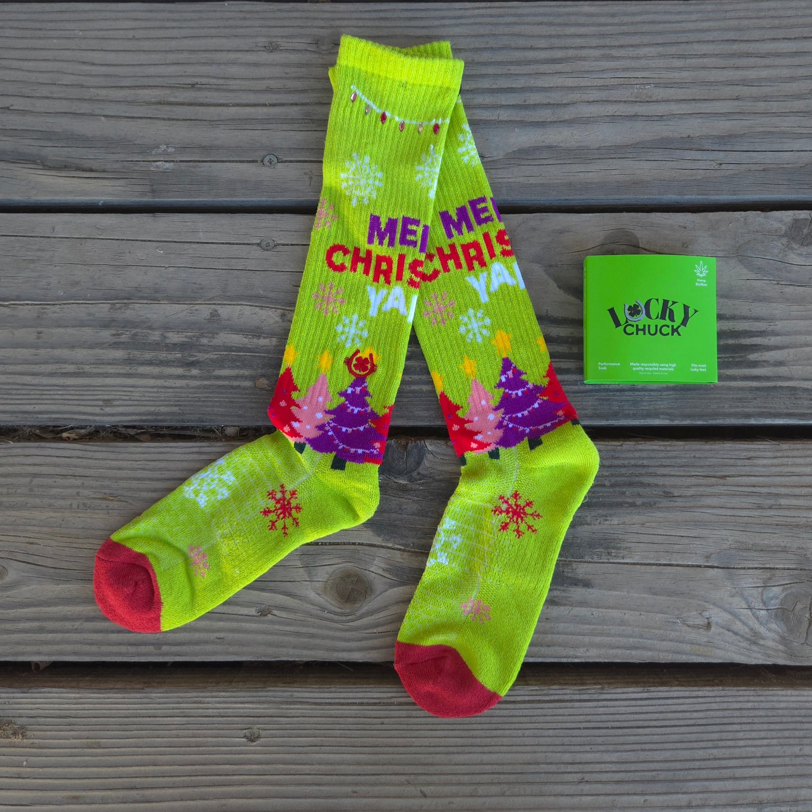 Lucky Chuck Socks - Merry Christmas Y'All - Lime Green with Crystals