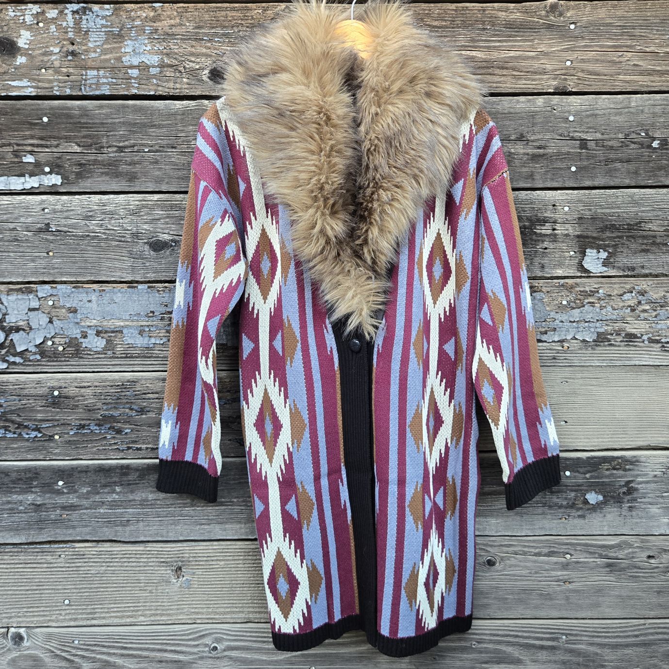 Wrangler - Southwestern Knit Duster Sweater with Fur Collar