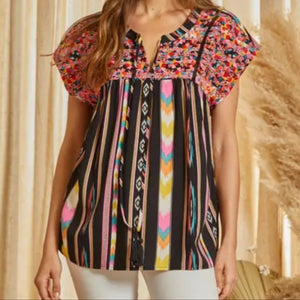Savanna Jane - Black Southwestern Striped Cap Sleeved Top with Embroidery