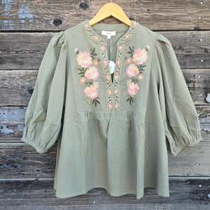 Oddi - Textured Striped Floral Embroidered Blouse - Olive Green