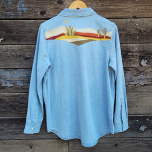 Cotton and Rye - Chambray Western Blouse with Embroidered Desert Scene