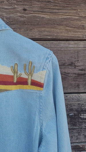 Cotton and Rye - Chambray Western Blouse with Embroidered Desert Scene