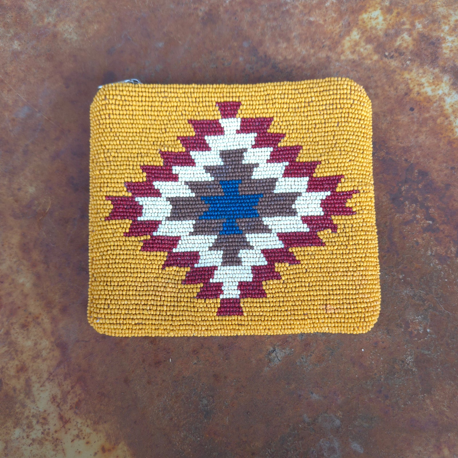 Beaded Small Zippered Clutch - Mustard, Rust, & Cream