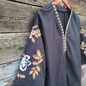 Black Embroidered 3/4 Sleeve Blouse