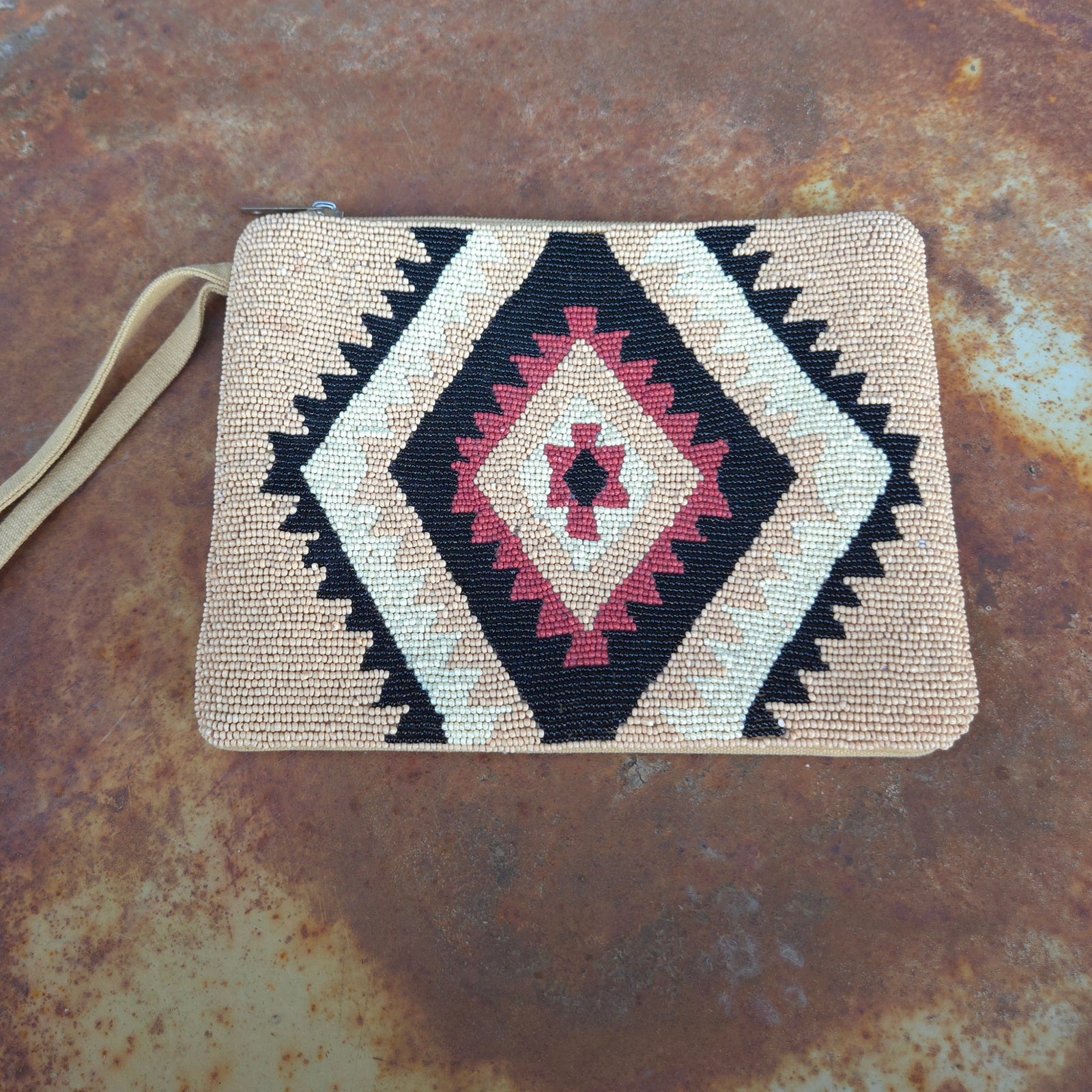 Beaded Large Zippered Clutch - Tan, Black, & Rust