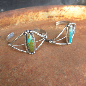 Stamped Sterling Silver Cuff Bracelet with Narrow Oval Turquoise Stone