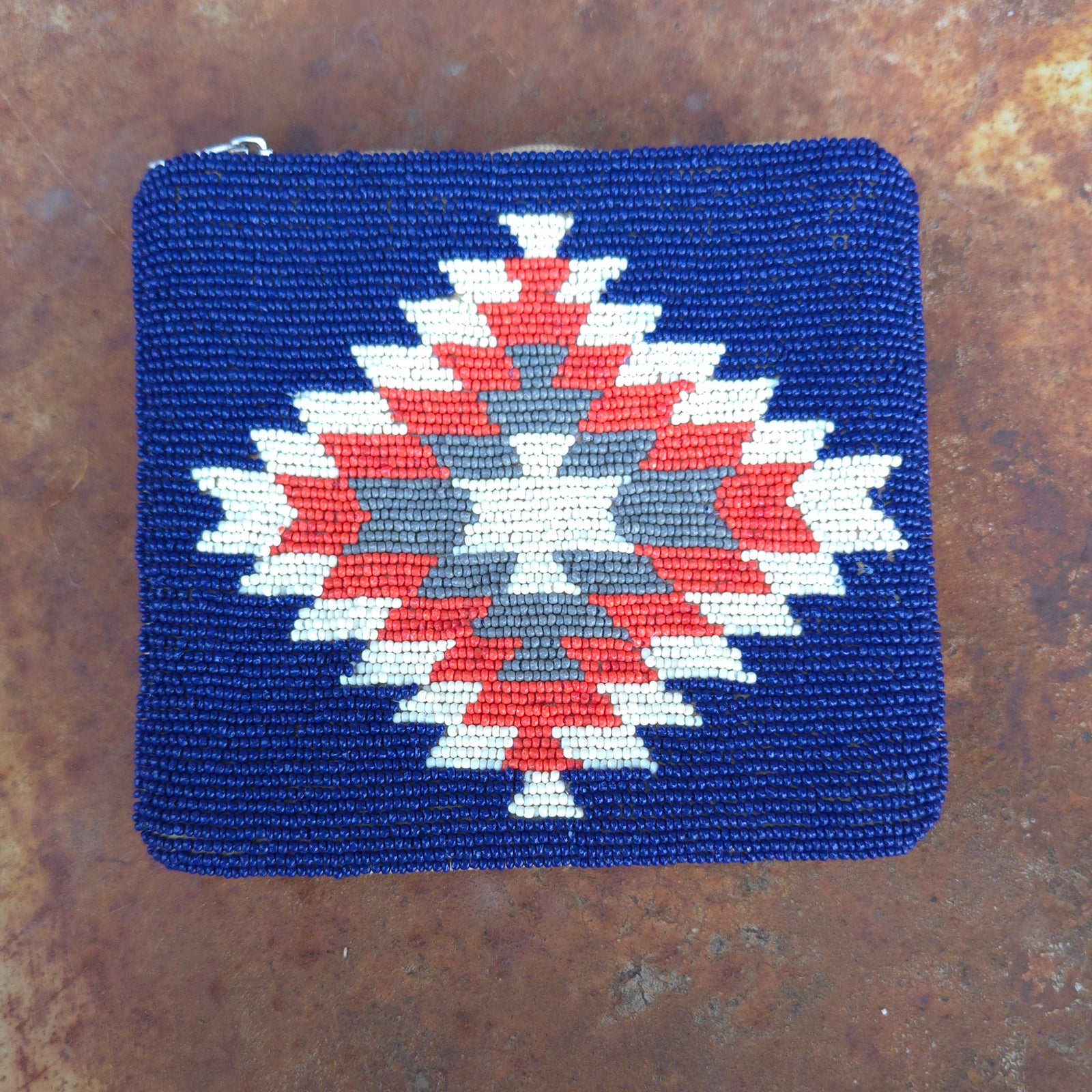 Beaded Small Zippered Clutch - Blue, Orange, & Cream