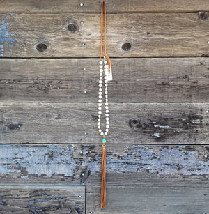 J. Forks - Freshwater Pearl, Turquoise, & Leather Tassel Necklace