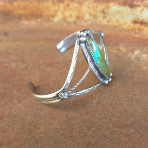 Stamped Sterling Silver Cuff Bracelet with Narrow Oval Turquoise Stone