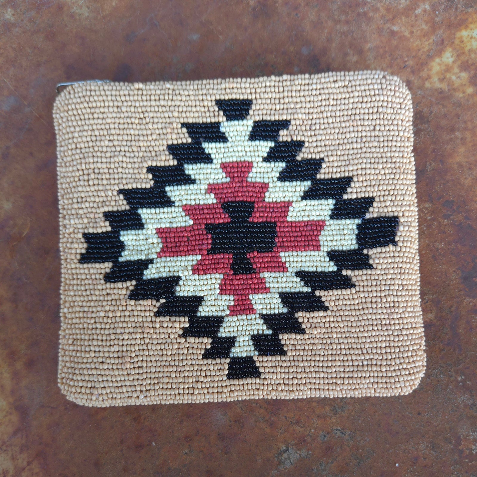 Beaded Small Zippered Clutch - Tan, Black, and Rust