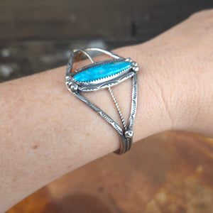 Stamped Sterling Silver Cuff Bracelet with Narrow Oval Turquoise Stone