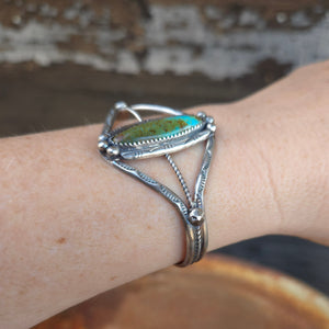 Stamped Sterling Silver Cuff Bracelet with Narrow Oval Turquoise Stone