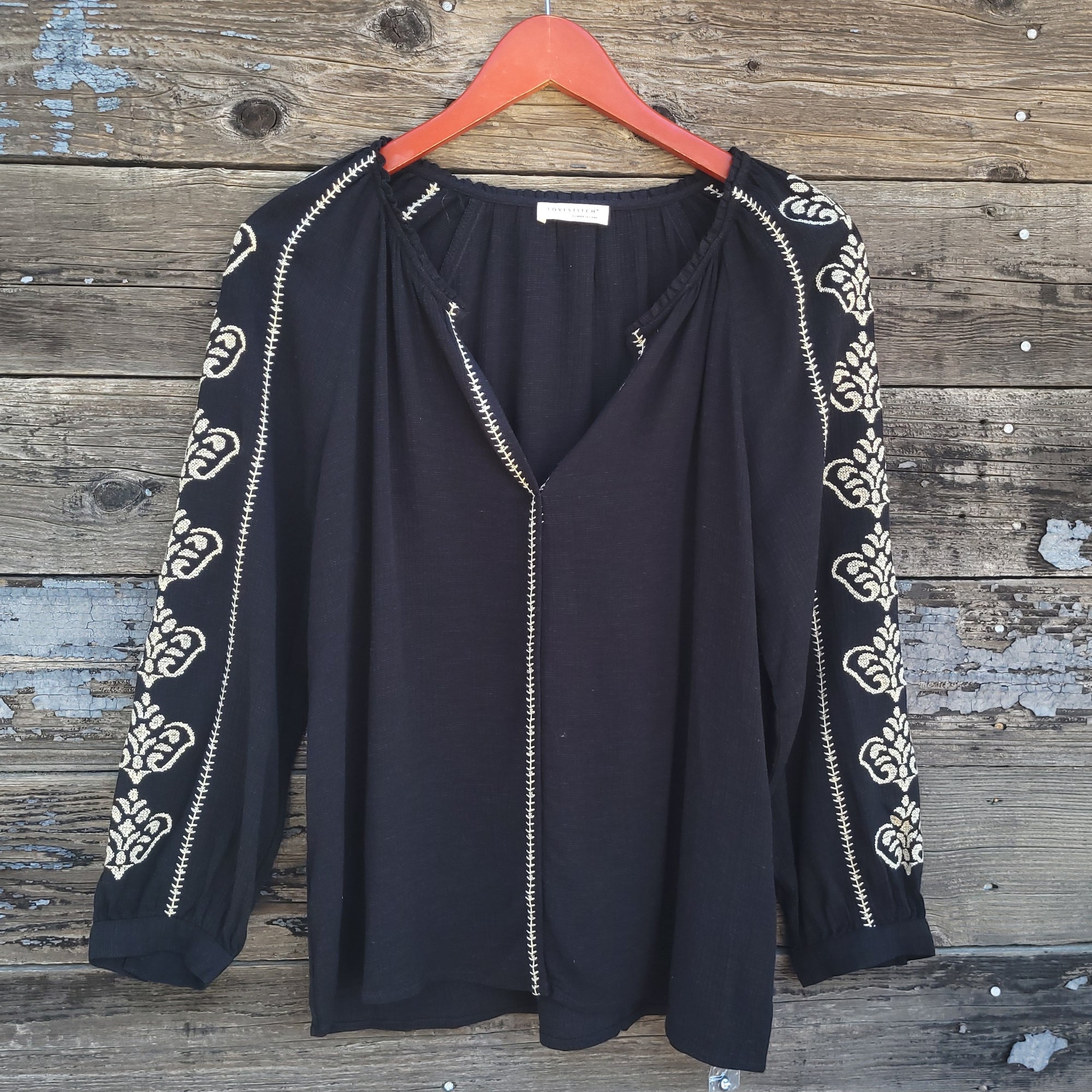 Lovestitch - Black Long Sleeve Split Neck Peasant Top with Embroidery