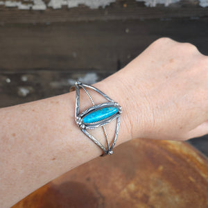 Stamped Sterling Silver Cuff Bracelet with Narrow Oval Turquoise Stone