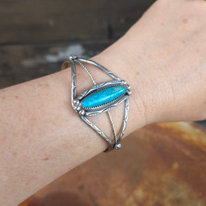 Stamped Sterling Silver Cuff Bracelet with Narrow Oval Turquoise Stone