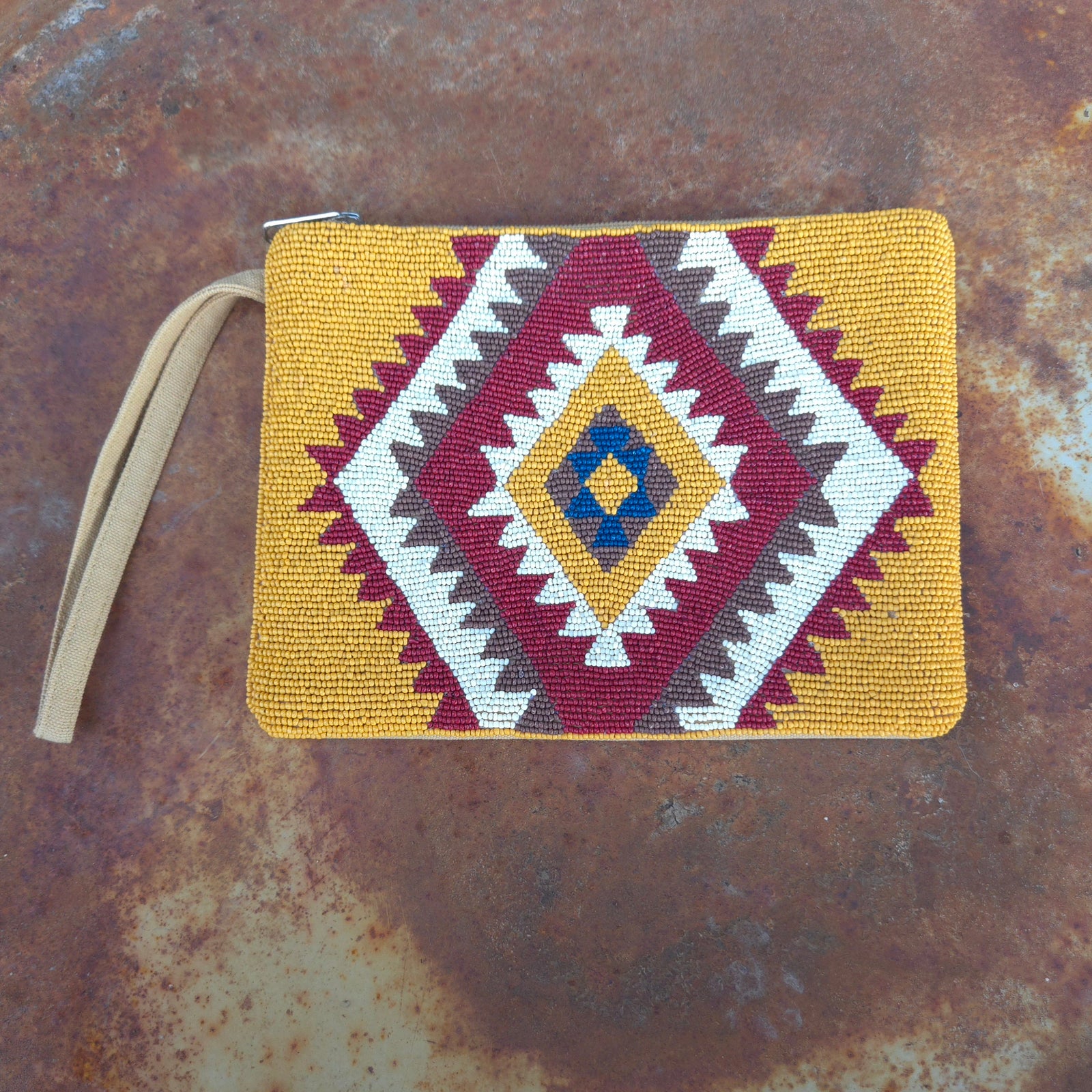 Beaded Large Zippered Clutch - Mustard, Rust, & Cream